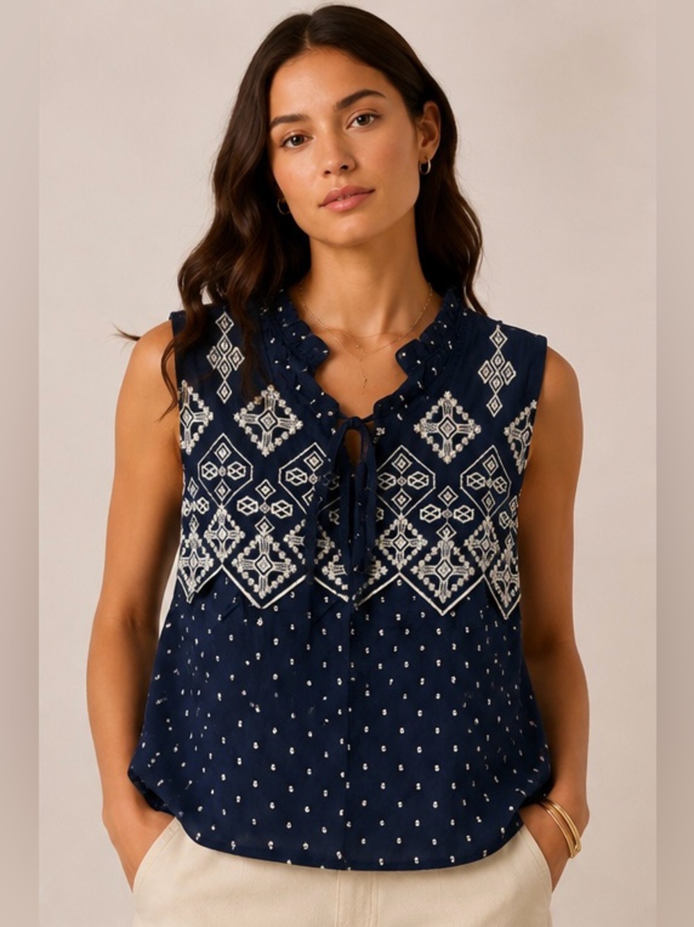 Anthropologie MINE Navy Embroidered Boho Sleeveless Top Size L
